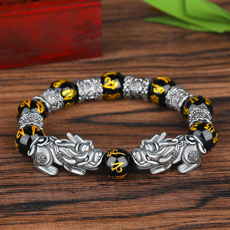 Bracelet Lucky Ancient Silver Obsidian | Protection & Inner Peace