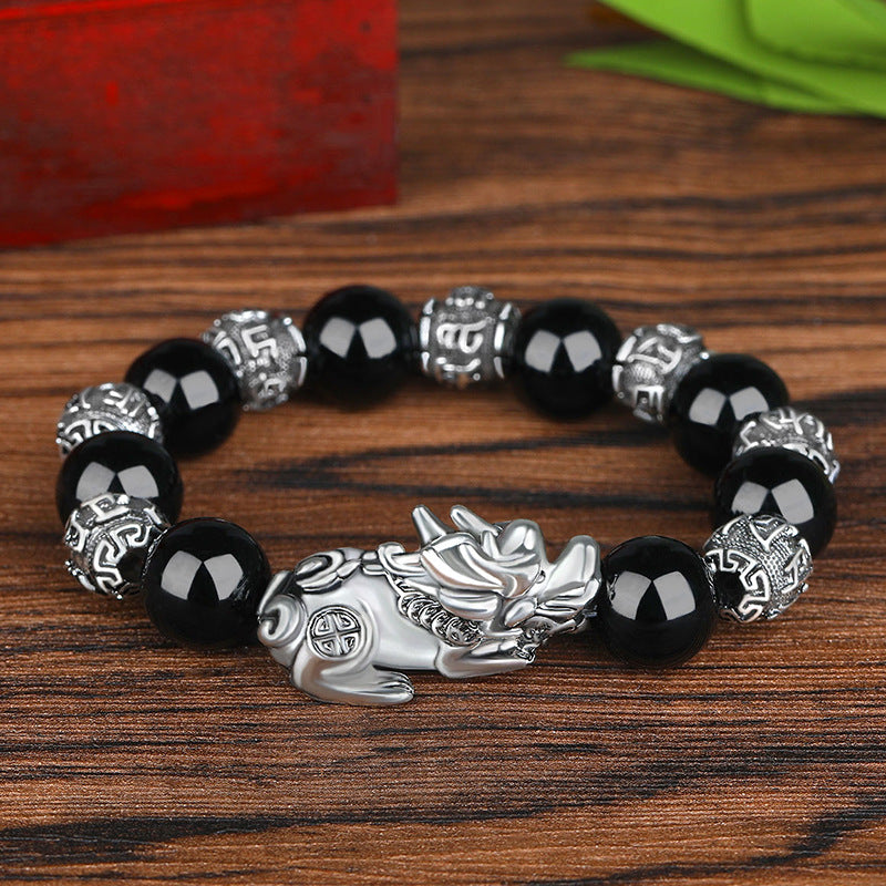 Bracelet Lucky Ancient Silver Obsidian | Protection & Inner Peace