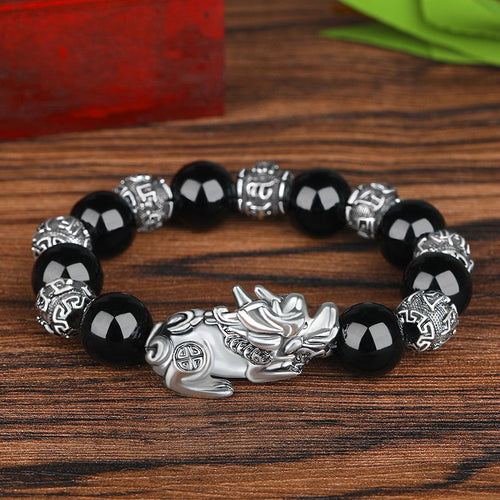 Bracelet Lucky Ancient Silver Obsidian | Protection & Inner Peace