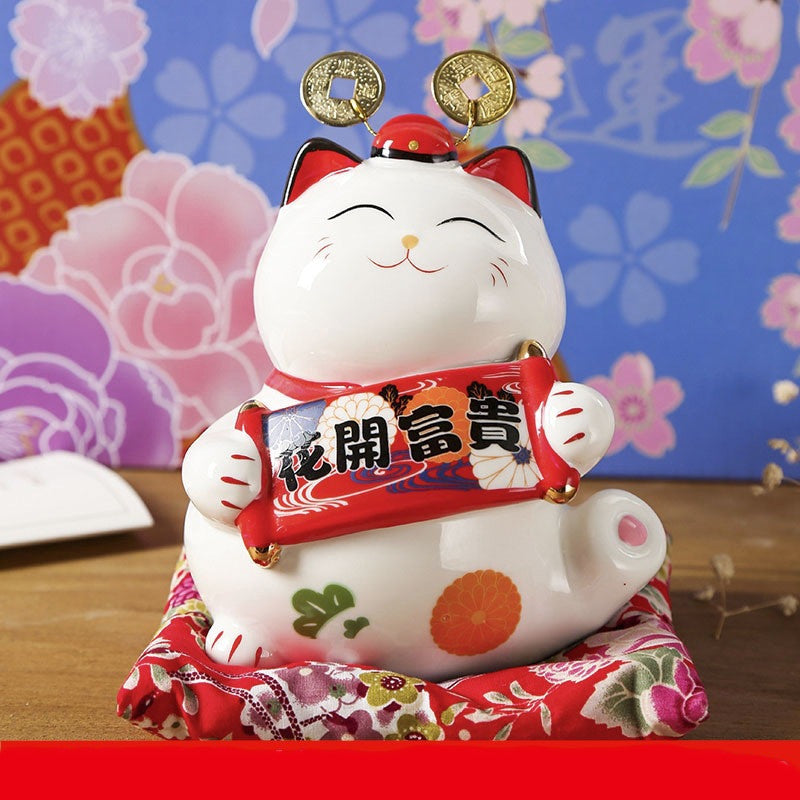 Ceramic Lucky Cat Ornament Piggy Bank | Fortune & Abundance Decor