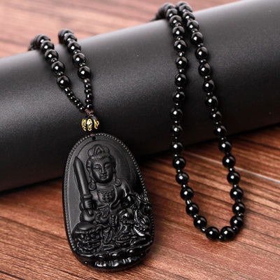 Manjushri Buddha Obsidian Pendant Necklace | Wisdom, Protection & Clarity
